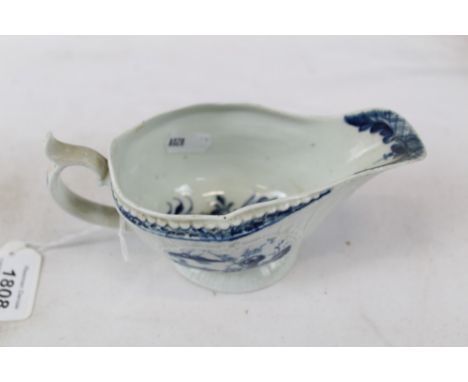 First period Worcester porcelain sauce boat painted in the Fisherman and Billboard Island pattern - crescent mark to foot, 17