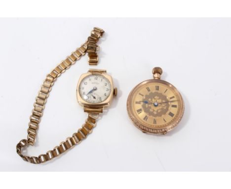 Gold (9ct) cased fob watch with gilt dial and Roman numeral markers, together with a gold (9ct) cased ladies' Rotary wristwat