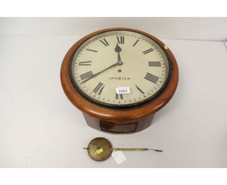 19th century wall clock with eight day single fusee movement, enamel dial with Roman numerals, signed - Ipswich, in a mahogan