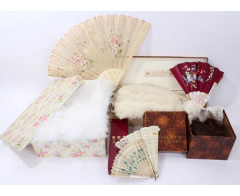 White swan's down long-length stole in vintage box, selection of bone and mother of pearl fan, ostrich feather fan in a Duvel