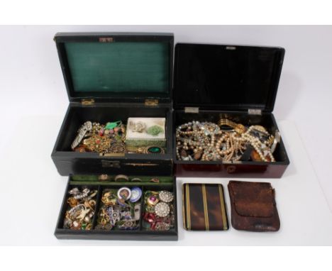 Two jewellery boxes containing vintage costume jewellery, military sweetheart brooches, gold seed pearl brooch, bead necklace