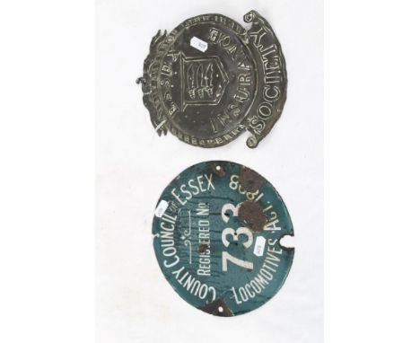 Essex Insurance Society plaque, together with circular enamel railway sign - County Council of Essex Registered no. 733 Locom