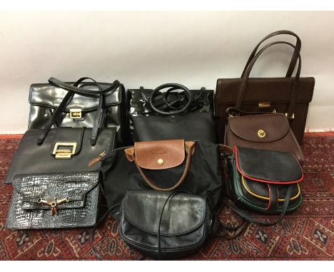 Selection of vintage handbags - including 'Kelly' style black patent leather, Susan of London mock croc shoulder bag, etc, pl