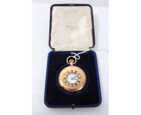 Gentlemen's 9ct gold half hunter pocket watch with Swiss fifteen jewel button-wind movement, retailed by J. W. Benson (London