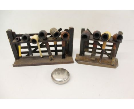 Collection of vintage pipes, together with two pipe racks and a tobacco box (qty)