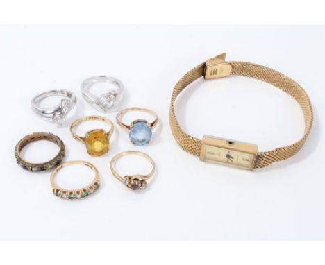 Four gold (9ct) gem set dress rings, two silver rings, eternity-style ring and a Verity Incabloc gold plated ladies' wristwat