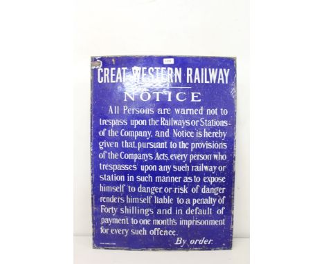 Enamel 'Great Western Railway' Trespass Notice, 56cm across