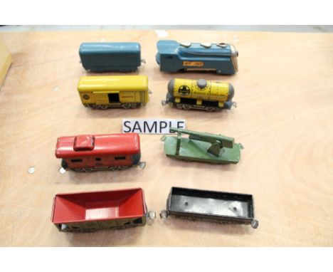 Railway - 0 gauge engine, plus tinplate wagons and track and tunnel, etc