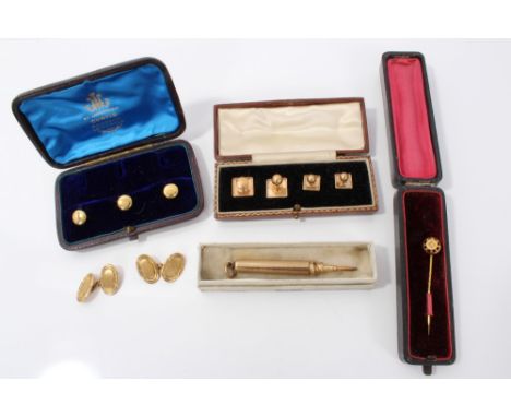 Set of four Art Deco 9ct gold dress studs in fitted box, three 18ct gold dress studs, Victorian stick pin in box, pair gold p