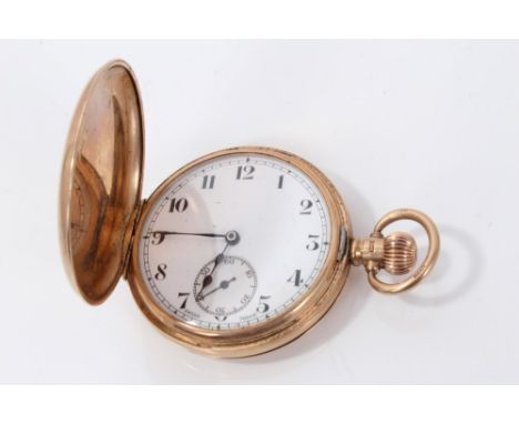 Gold (9ct) full hunter seventeen jewel pocket watch with white enamel face, Arabic numerals, subsidiary seconds dial and pres