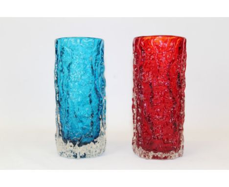 Two Whitefriars bark vases - Kingfisher Blue and Ruby, designed by Geoffrey Baxter, both 18.5cm high
