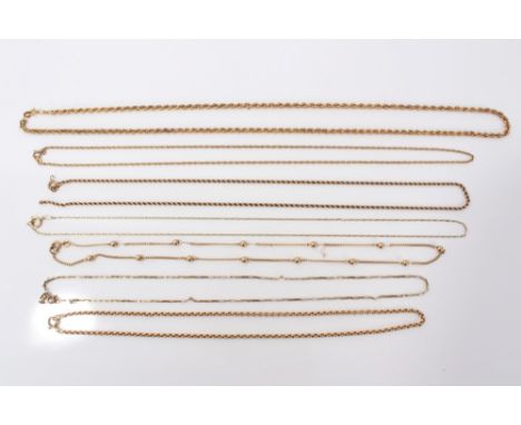 Seven various gold chains CONDITION REPORT Two chains unmarked but believed to be 9ct gold.  Others marked gold (9ct).  Total