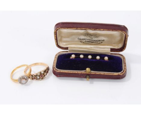 Victorian-style ruby and seed pearl ring, opal and diamond cluster ring and a seed pearl bar brooch CONDITION REPORT Ruby rin