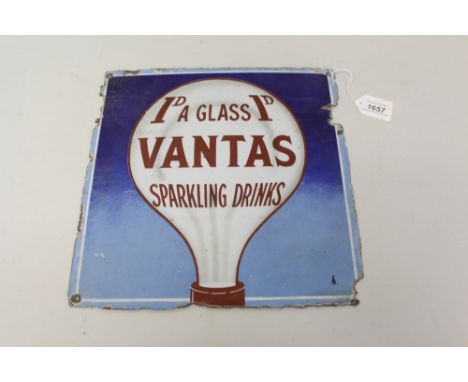 Small enamel advertising sign 'Vantas Sparkling Drinks 1d a Glass', 30.5cm overall width