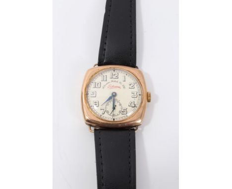 1920s gentlemen's Silvana 9ct gold wristwatch with Swiss fifteen jewel movement in cushion-shape 9ct gold Dennison case (Birm