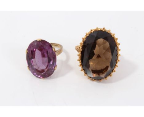 Gold (9ct) large oval smoky quartz cocktail ring and gold (9ct) faux Alexandrite cocktail ring  CONDITION REPORT Total gross 