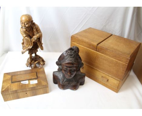 Sundry works of art - to include Eastern rootwood carving, Victorian writing slope, oak needlework box, vintage binoculars, j