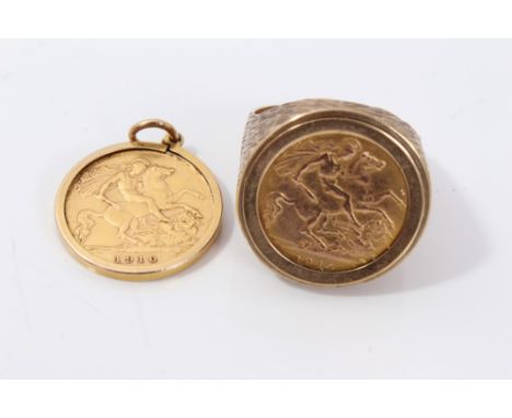 George V gold half sovereign, in gold (9ct) ring mount, together with another half sovereign - 1910, in gold (9ct) pendant mo