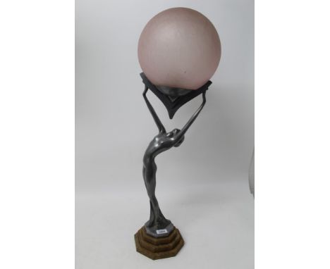 Art Deco-style chrome lamp with sinuous female figural support, on stepped octagonal marble base, 62cm high