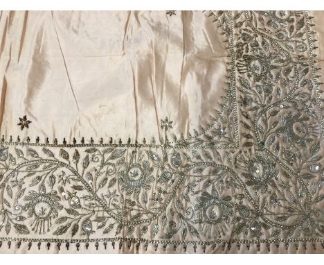 Antique textiles - including Turkish fine muslin table runner, couched gold thread and turquoise silk floss embroidery, styli