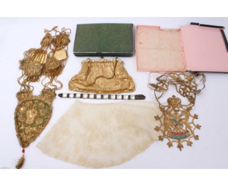 Vintage shagreen purse, gilt metal mesh evening bag and two Indian ceremonial wreaths, plus French lace handkerchief - Paris 