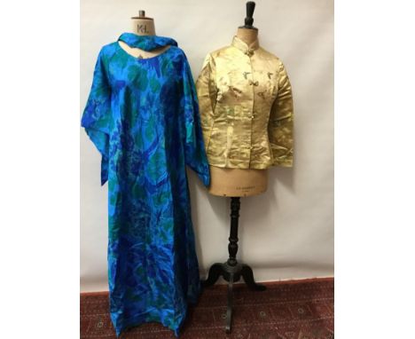 Ladies' vintage Chinese silk jacket, gold brocade with butterflies, fabric knot and loop fastenings, plus hand-woven blue sil