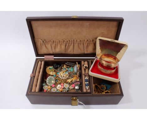 Jewellery box containing vintage paste set brooches, two gold plated bangles, necklaces - including Murano glass beads