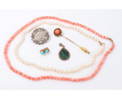 Group of jewellery - to include Victorian coral stick pin, coral necklace, cultured pearl necklace, pair gold (9ct) turquoise