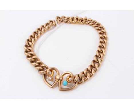 Edwardian 15ct gold curb link bracelet with two entwined hearts, set with a seed pearl and turquoise  CONDITION REPORT Weight