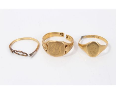 Three gold (18ct) rings (all damaged) CONDITION REPORT All three rings have broken bands.  Total weight 9.8 grams