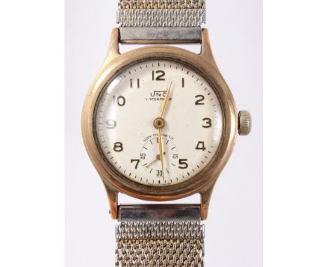 1950s gentlemen's Uno gold (9ct) cased wristwatch with presentation inscription, on plated bracelet