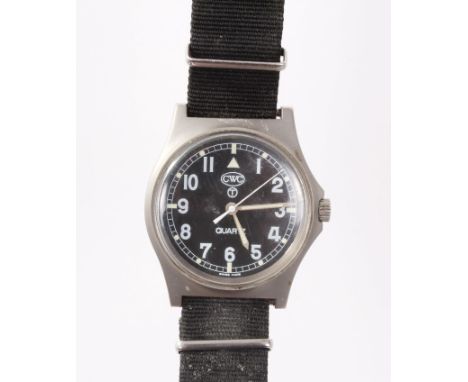 CWC military wristwatch in brushed steel case with black Arabic numeral dial, luminous hour markers and hands, marked to rear