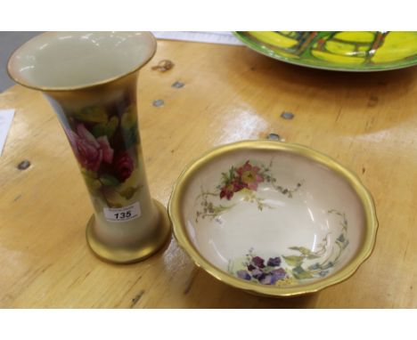 Royal Worcester bowl with gilt flared rim and painted rose decoration, signed - E. Spilsbury, 22cm high and a similar bowl wi