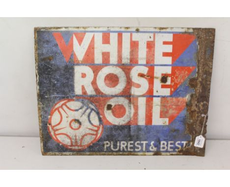 Enamel advertising sign 'White Rose Oil Purest &amp; Best', 59.5cm overall width (originally double-sided flag)