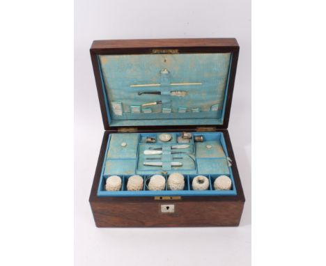 Victorian rosewood sewing box with unused spools of cotton, ivory and bone tops, needles in Chambers &amp; Co. packets, mothe