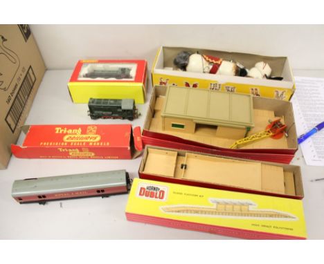 00 gauge railway with station, goods depot, foot bridges and other accessories, plus various locomotives, carriages and wagon
