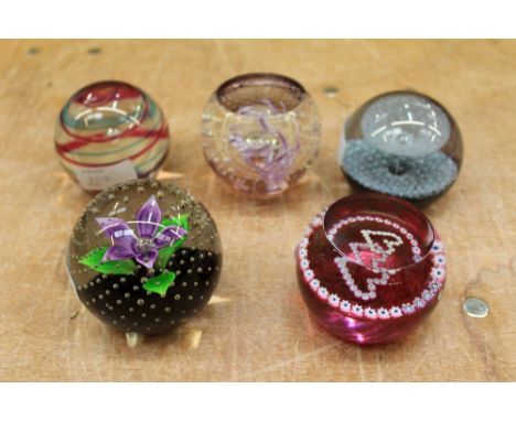 Five Caithness limited edition glass paperweights, by Colin Terris - Ice Fountain Mauve 1979, no. 559 of 1500, Double Spiral 