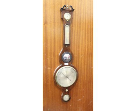 19th century banjo-shaped barometer thermometer in mahogany case, by C. Alietti, with silvered dials