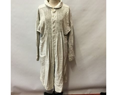 19th century agricultural workers' handmade smock in heavy twill cotton, button-through with smocking front, back and sleeves