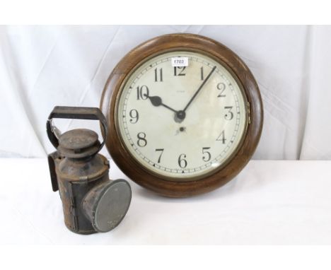 1930s Enfield railway-type wall clock in oak circular case (with key and pendulum) and old BR railway lamp (2)