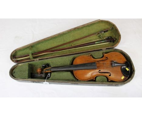 19th century violin with internal label 'Antonius Pelizon Fecit Garitiae 1837', with three bows, in a wooden fitted case COND