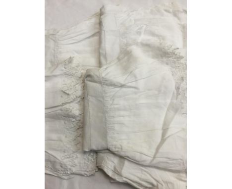 Fine embroidered white cotton bolster covered with frilled edges, baby white cotton lace and embroidery christening gown, vin