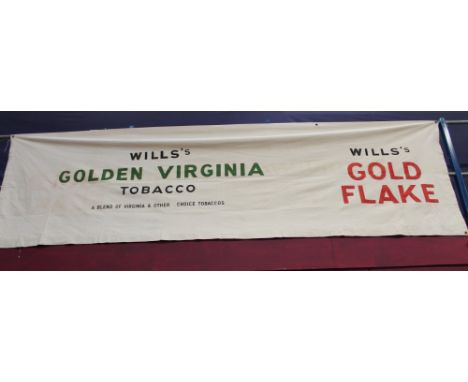Large Wills's Golden Virginia Tobacco and Wills's Gold Flake advertising banner, approximately 12ft 8 inches x 3ft 10½ inches
