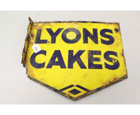 Enamel side-mounted double-sided flag advertising sign 'Lyons Cakes', 45cm overall width