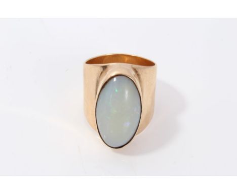 Gold (9ct) handmade ring set with an opal cabochon CONDITION REPORT 12.9g total weight. Ring size O