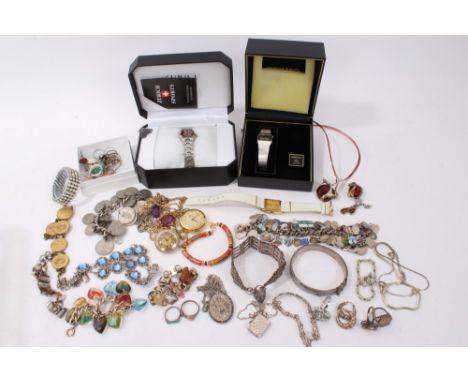 Group of jewellery and watches - to include silver gate bracelets, silver bangle, silver locket, silver rings, charm bracelet