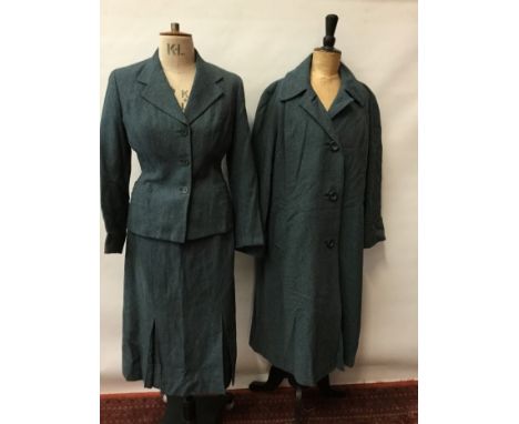 Ladies' 1950s blue tweed skirt suit and matching coat, jacket is tailored, nipped-in waist, peplum back, 1950s fine blue wors