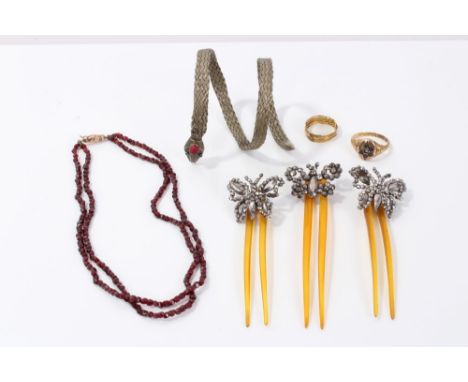 Gold (18ct) mourning ring, one other yellow metal ring, garnet bead two-strand necklace with entwined hands clasp, wirework s