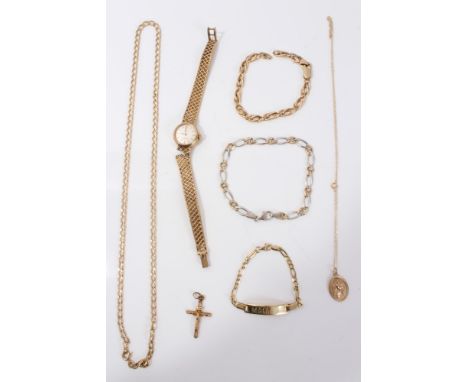 Gold (9ct) ladies' Omega wristwatch on gold (9ct) bracelet, three gold (9ct) chains, gold (9ct) St. Christopher pendant on ch