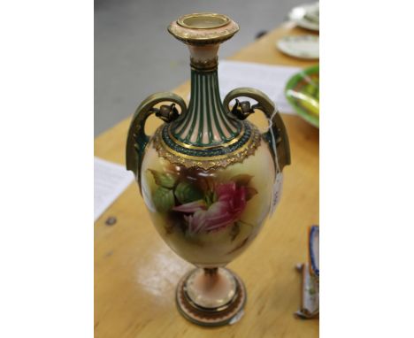 Edwardian Royal Worcester blush ivory two-handled vase with finely painted rose decoration - date mark for 1906, 34cm high